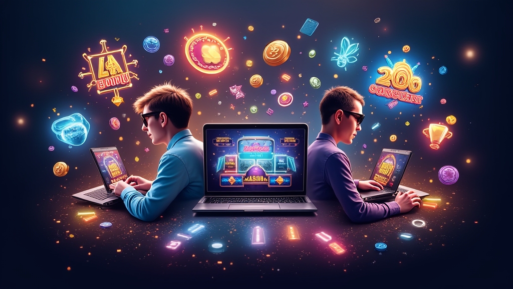 Players on laptops exploring casino platforms with bonus pop-ups