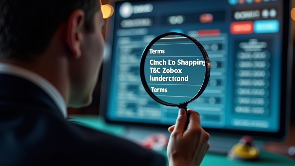 Player reading terms on screen beside casino imagery