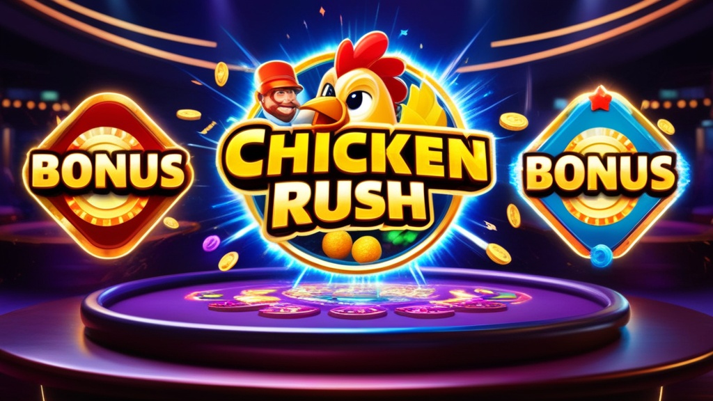 Dynamic game interface with Chicken Rush bonus icons and flashing lights.